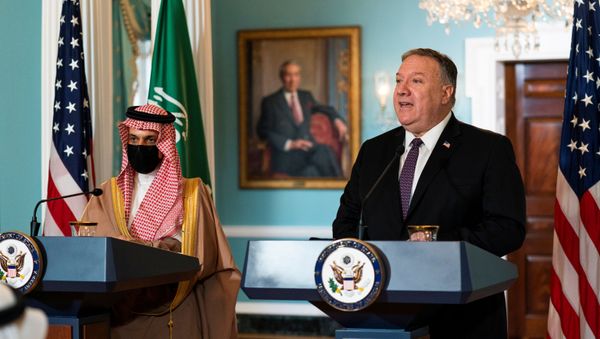 Saudi Minister of Foreign Affairs Prince Faisal bin Farhan Al Saud listens to U.S. Secretary of State Mike Pompeo as he speaks during their meeting at the State Department, in Washington, U.S., October 14, 2020. Manuel Balce Ceneta/Pool via REUTERS - Sputnik International