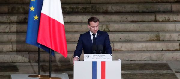 French President Emmanuel Macron delivers his speech in front of the coffin of slain teacher Samuel Paty during a national memorial event, in Paris, France October 21, 2020. French President Emmanuel Macron delivers his speech in front of the coffin of slain teacher Samuel Paty during a national memorial event, in Paris, France October 21, 2020. - Sputnik International