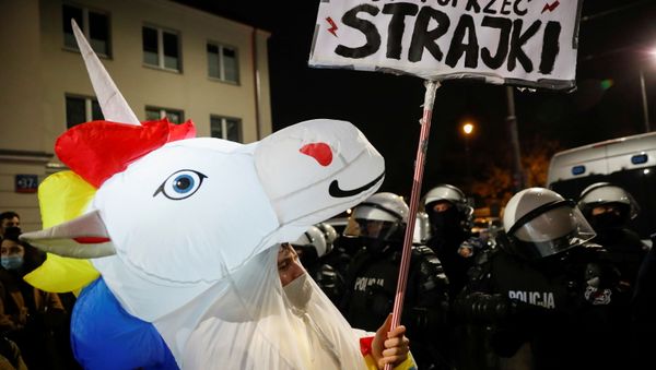 A demonstrator dressed up as a unicorn takes part in a protest against the ruling by Poland's Constitutional Tribunal that imposes a near-total ban on abortion, in Warsaw, Poland, October 30, 2020. - Sputnik International