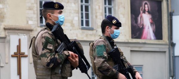 French soldiers patrol near the Saint Gery church in Cambrai as the country has raised the security alert for its territory to the highest level after the knife attack in the city of Nice, France, November 1, 2020 French soldiers patrol near the Saint Gery church in Cambrai as the country has raised the security alert for its territory to the highest level after the knife attack in the city of Nice, France, November 1, 2020 - Sputnik International