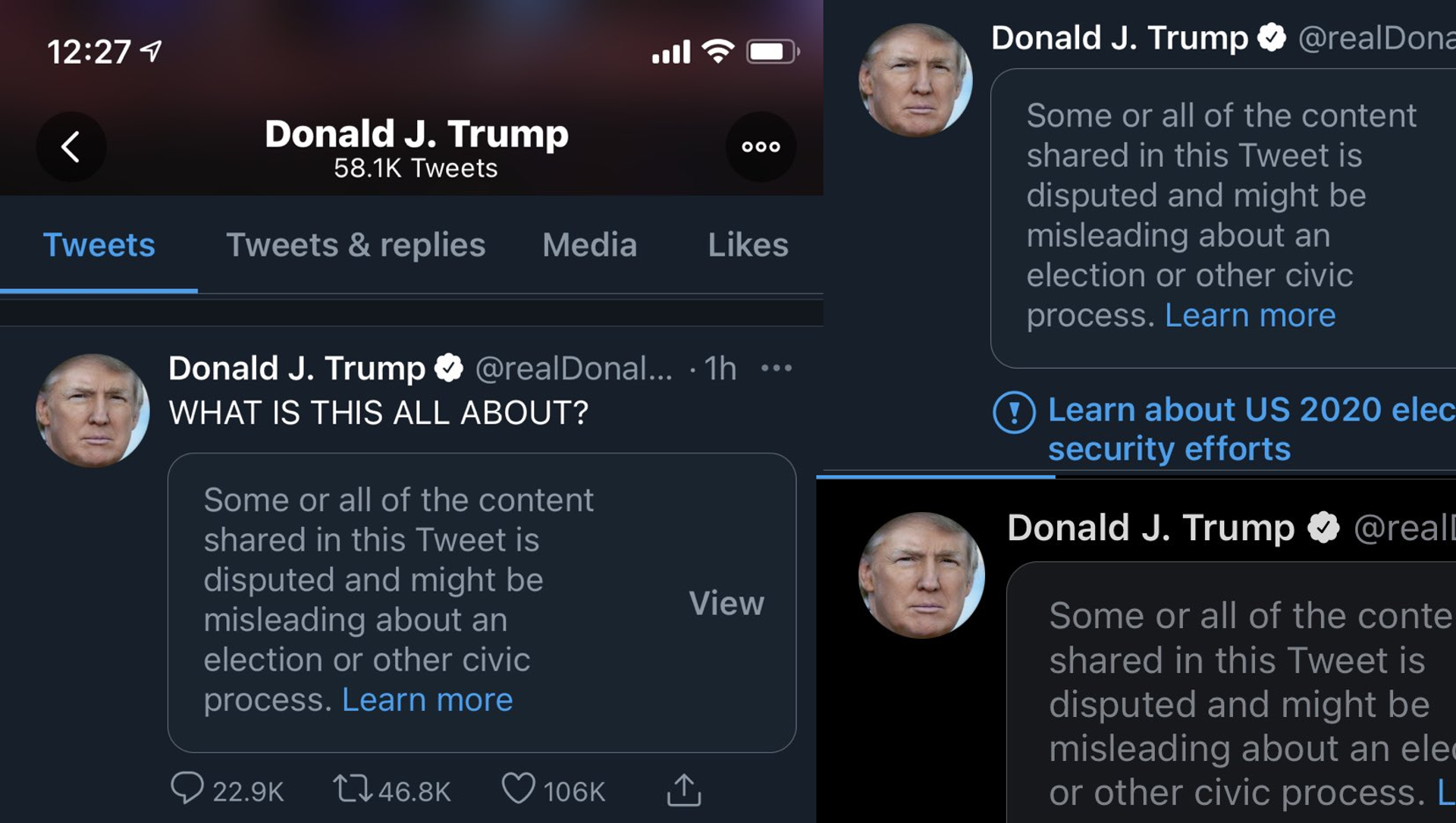 Collage of Trump tweets censored by Twitter since election day. Collage of Trump tweets censored by Twitter since election day. - Sputnik International, 1920, 06.05.2021