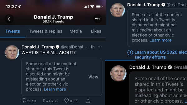 Collage of Trump tweets censored by Twitter since election day. - Sputnik International