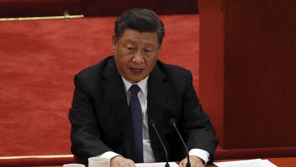 Chinese President Xi Jinping delivers his speech at the commemorating conference on the 70th anniversary of the Chinese army entering North Korea to resist the U.S. army, at the Great Hall fo the People in Beijing, Friday, Oct. 23, 2020 - Sputnik International
