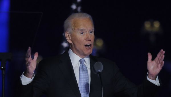 Democratic 2020 U.S. presidential nominee Joe Biden speaks at his election rally, after the news media announced that Biden has won the 2020 U.S. presidential election over President Donald Trump, in Wilmington, Delaware, U.S., November 7, 2020. REUTERS/Jim Bourg Democratic 2020 U.S. presidential nominee Joe Biden speaks at his election rally, after the news media announced that Biden has won the 2020 U.S. presidential election over President Donald Trump, in Wilmington, Delaware, U.S., November 7, 2020. REUTERS/Jim Bourg - Sputnik International