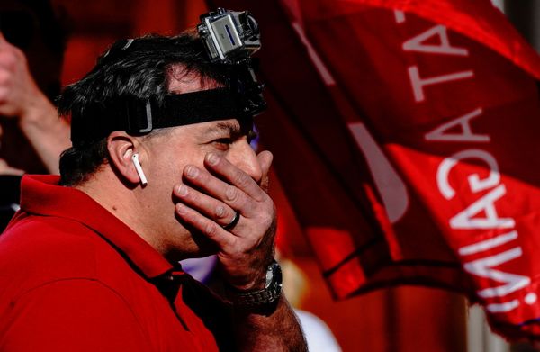 A supporter of US President Donald Trump wearing a Go-Pro camera reacts at  Stop the Steal protest at the Wisconsin State Capitol - Sputnik International