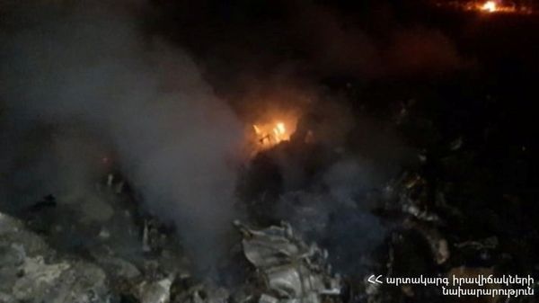 A view shows what is said to be a crash site following the downing of a Russian military Mi-24 helicopter at an unknown location in Armenia, in this handout photo released November 9, 2020. Ministry of Emergency Situations of the Republic of Armenia A view shows what is said to be a crash site following the downing of a Russian military Mi-24 helicopter at an unknown location in Armenia, in this handout photo released November 9, 2020. Ministry of Emergency Situations of the Republic of Armenia - Sputnik International