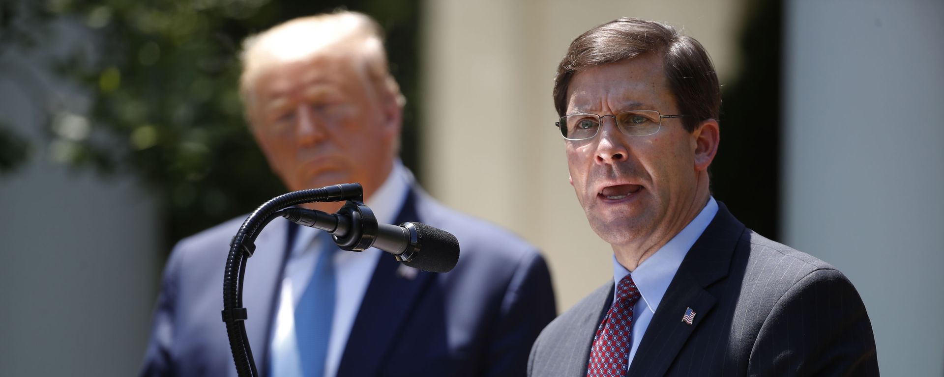 Defense Secretary Mark Esper speaks as President Donald Trump listens during a press briefing about the coronavirus in the Rose Garden of the White House, Friday, May 15, 2020, in Washington. (AP Photo/Alex Brandon) - Sputnik International, 1920, 09.11.2020