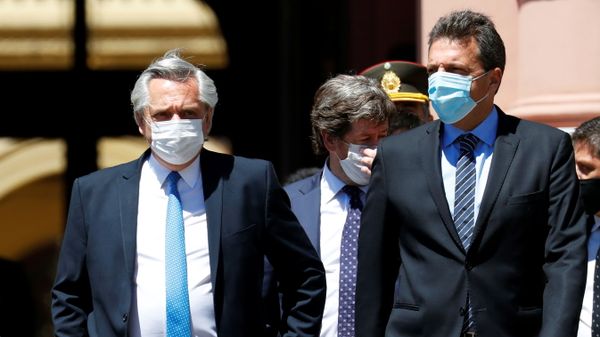 Argentina's President Alberto Fernandez walks next to the President of the Chamber of Deputies, Sergio Massa, towards the Kirchner Cultural Centre to participate in an event in honor of late former President Nestor Kirchner, outside the Casa Rosada Presidential Palace, in Buenos Aires, Argentina October 27, 2020.  - Sputnik International