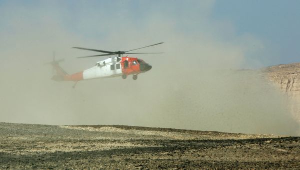 A helicopter creates a cloud of dust as it lands near the scene of the plane crash which killed nine foreign peacekeepers near the village of El-Thamad in the Sinai region of Egypt Sunday, May 6, 2007 - Sputnik International