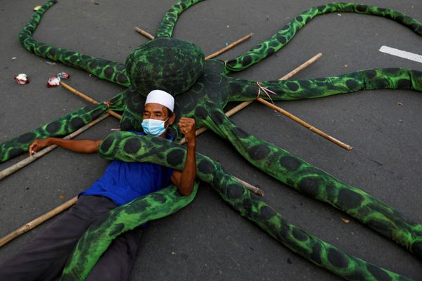 A fisherman wearing a protective mask lies on an artificial octopus during a protest against the government's labour reforms in a job creation Bill in Jakarta, Indonesia, 10 November 2020. A fisherman wearing a protective mask lies on an artificial octopus during a protest against the government's labour reforms in a job creation Bill in Jakarta, Indonesia, 10 November 2020. - Sputnik International
