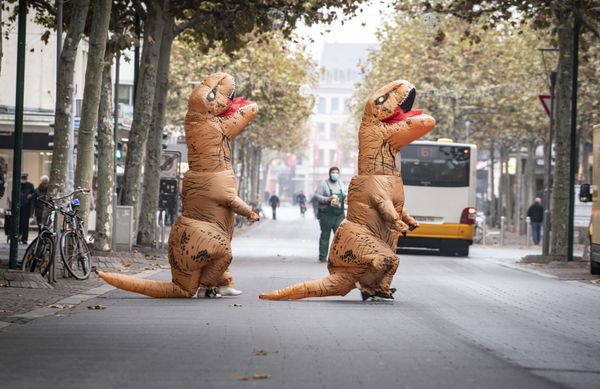 Two carnival-goers in inflatable dinosaur costumes cross a street near the Schillerplatz in Mainz, Germany, 11 November 2020. Two carnival-goers in inflatable dinosaur costumes cross a street near the Schillerplatz in Mainz, Germany, 11 November 2020. - Sputnik International