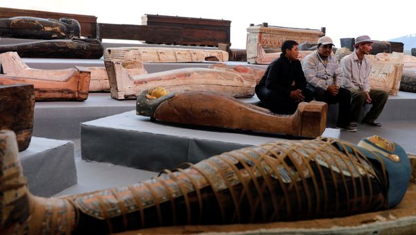 Sarcophaguses that are around 2500 years old, from the newly discovered burial site near Egypt's Saqqara necropolis, are seen during a presentation in Giza, Egypt November 14, 2020. - Sputnik International