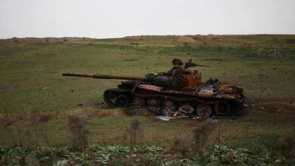 A view shows a destroyed tank in Fuzuli district in the region of Nagorno-Karabakh, November 18, 2020. Picture taken November 18, 2020. - Sputnik International