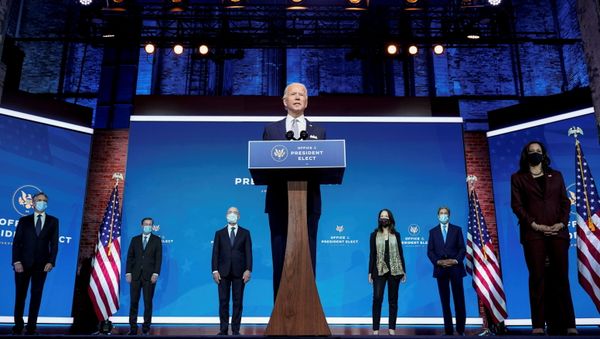 President-elect Joe Biden stands with his nominees for his national security team at his transition headquarters in the Queen Theater in Wilmington, Delaware, U.S., November 24, 2020 - Sputnik International