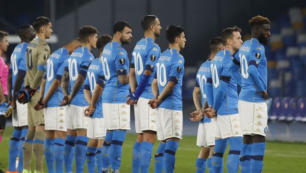 Soccer Football - Europa League - Group F - Napoli v HNK Rijeka - Stadio San Paolo, Naples, Italy 26 November 2020 - General view as Napoli players line up wearing shirts with Diego Maradona's name on the back before the match. - Sputnik International
