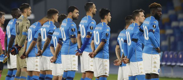 Soccer Football - Europa League - Group F - Napoli v HNK Rijeka - Stadio San Paolo, Naples, Italy 26 November 2020 - General view as Napoli players line up wearing shirts with Diego Maradona's name on the back before the match. - Sputnik International