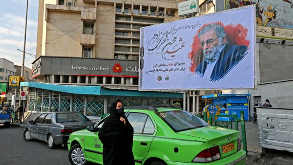 A woman walk by a billboard in honour of slain nuclear scientist Mohsen Fakhrizadeh in the Iranian capital Tehran, on November 30, 2020 A woman walk by a billboard in honour of slain nuclear scientist Mohsen Fakhrizadeh in the Iranian capital Tehran, on November 30, 2020 - Sputnik International