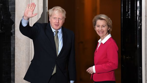 Britain's Prime Minister Boris Johnson greets European Commission President Ursula von der Leyen outside 10 Downing Street in central London on 8 January 2020, ahead of their meeting. Britain's Prime Minister Boris Johnson greets European Commission President Ursula von der Leyen outside 10 Downing Street in central London on 8 January 2020, ahead of their meeting. - Sputnik International