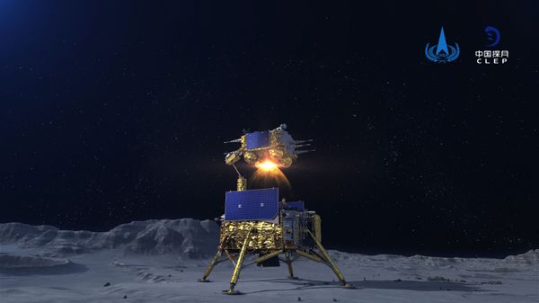 In this China National Space Administration (CNSA) photo released by Xinhua News Agency, a simulated image of the ascender of Chang'e-5 spacecraft blasting off from the lunar surface at the Beijing Aerospace Control Center (BACC) in Beijing on Dec. 3, 2020. The Chinese lunar probe lifted off from the moon Thursday night with a cargo of lunar samples on the first stage of its return to Earth, state media reported.  - Sputnik International