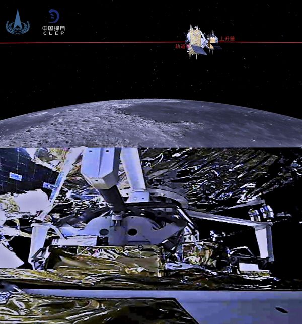 This combination of two pictures created and released on 6 December 2020 by the China National Space Administration (CNSA) via CNS shows an illustration (top) and a photo (bottom) of the ascender of China's Chang'e-5 lunar probe completing rendezvous and docking with the orbiter-returner combination. This combination of two pictures created and released on 6 December 2020 by the China National Space Administration (CNSA) via CNS shows an illustration (top) and a photo (bottom) of the ascender of China's Chang'e-5 lunar probe completing rendezvous and docking with the orbiter-returner combination. - Sputnik International