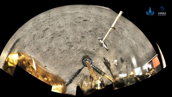 China's national flag is seen unfurled from the Chang'e-5 spacecraft on the moon, in this panoramic handout image provided by China National Space Administration (CNSA) December 4, 2020.  - Sputnik International