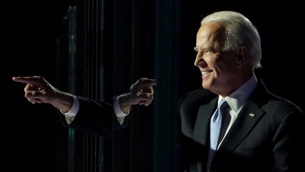 Democratic 2020 U.S. presidential nominee Joe Biden points a finger at his election rally, after news media announced that Biden has won the 2020 U.S. presidential election, in Wilmington, Delaware, U.S., November 7, 2020. - Sputnik International
