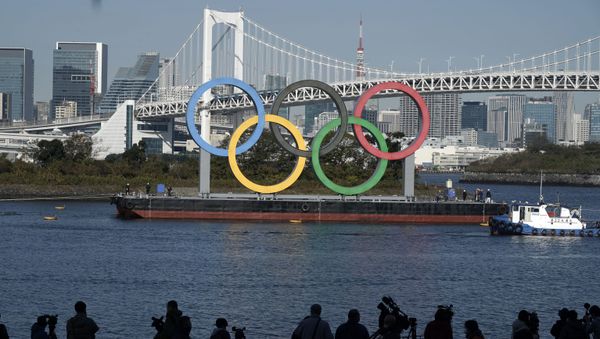 The Olympic Symbol is reinstalled after it was taken down for maintenance ahead of the postponed Tokyo 2020 Olympics in the Odaiba section Tuesday, Dec. 1, 2020, in Tokyo. The Olympic Symbol is reinstalled after it was taken down for maintenance ahead of the postponed Tokyo 2020 Olympics in the Odaiba section Tuesday, Dec. 1, 2020, in Tokyo. - Sputnik International