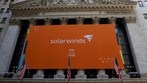 SolarWinds Corp banner hangs at the New York Stock Exchange (NYSE) on the IPO day of the company in New York, U.S., October 19, 2018 - Sputnik International