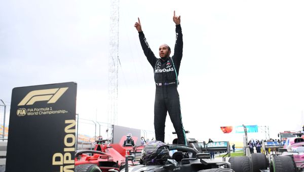 Formula One F1 - Turkish Grand Prix - Istanbul Park, Istanbul, Turkey - 15 November 2020 Mercedes' Lewis Hamilton celebrates after winning the race and the world championship - Sputnik International