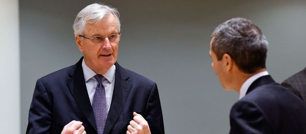 European Union's chief Brexit negotiator Michel Barnier gestures as he speaks with Ambassador Michael Clauss, Permanent Representative of Germany to the EU, during a meeting of the Committee of the Permanent Representatives of the Governments of the Member States to the European Union (COREPER) in Brussels, Belgium December 22, 2020.  - Sputnik International