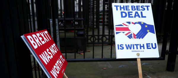Anti-Brexit signs are pictured at the gates of Downing Street in London, Britain December 24, 2020 Anti-Brexit signs are pictured at the gates of Downing Street in London, Britain December 24, 2020 - Sputnik International