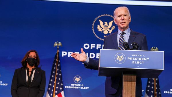 U.S. President-elect Joe Biden delivers a speech alongside U.S. Vice President-elect Kamala Harris after a conference video call focused on foreign policy at his transition headquarters in Wilmington, Delaware, U.S., December 28, 2020 - Sputnik International