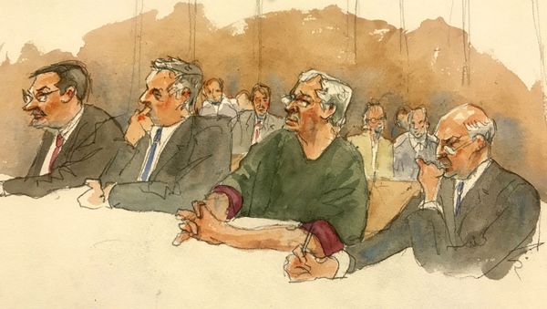 In this courtroom sketch, defendant Jeffrey Epstein, second from right, listens along with defense attorneys, from left, Marc Fernich, Michael Miller, and Martin Weinberg as Judge Richard M. Berman denies him bail during a hearing in federal court, Thursday, 18 July 2019 in New York In this courtroom sketch, defendant Jeffrey Epstein, second from right, listens along with defense attorneys, from left, Marc Fernich, Michael Miller, and Martin Weinberg as Judge Richard M. Berman denies him bail during a hearing in federal court, Thursday, 18 July 2019 in New York - Sputnik International