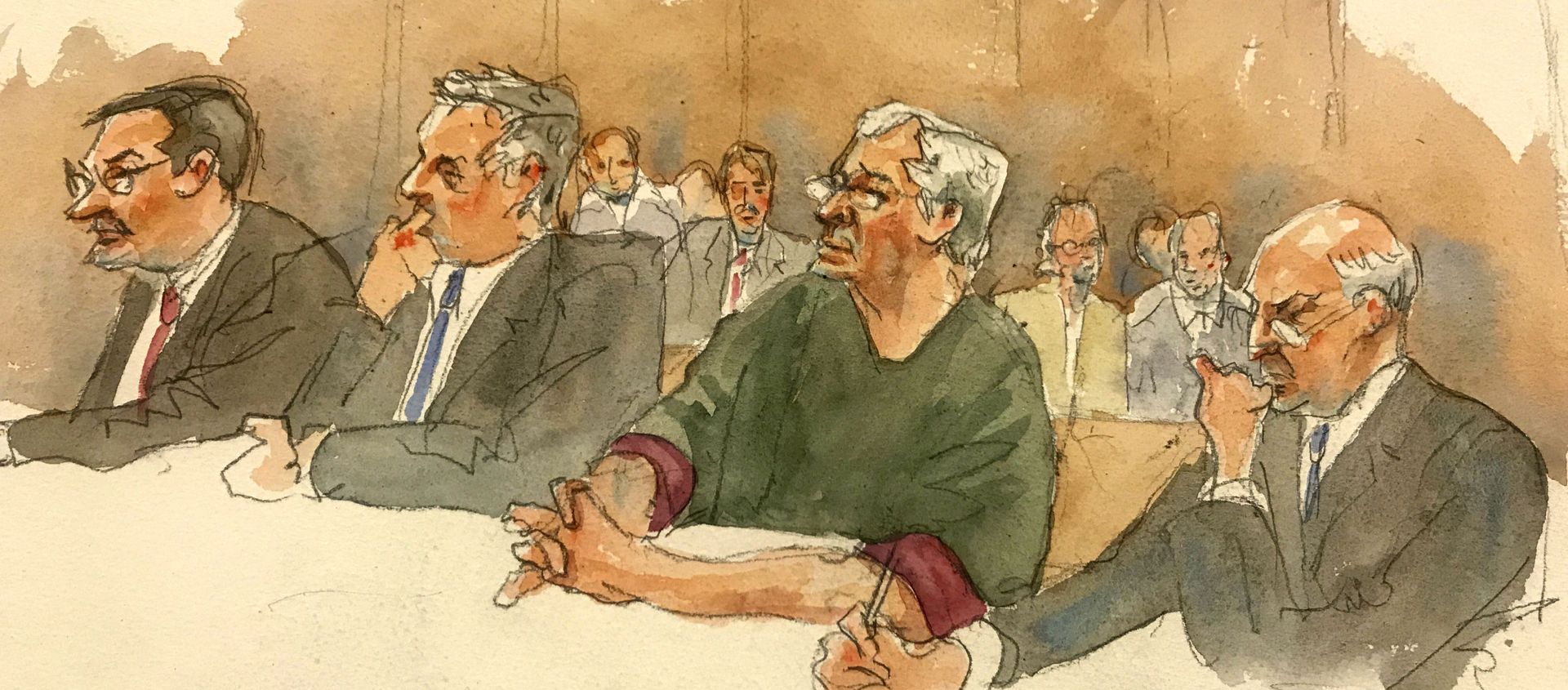 In this courtroom sketch, defendant Jeffrey Epstein, second from right, listens along with defense attorneys, from left, Marc Fernich, Michael Miller, and Martin Weinberg as Judge Richard M. Berman denies him bail during a hearing in federal court, Thursday, 18 July 2019 in New York In this courtroom sketch, defendant Jeffrey Epstein, second from right, listens along with defense attorneys, from left, Marc Fernich, Michael Miller, and Martin Weinberg as Judge Richard M. Berman denies him bail during a hearing in federal court, Thursday, 18 July 2019 in New York - Sputnik International, 1920, 01.01.2021