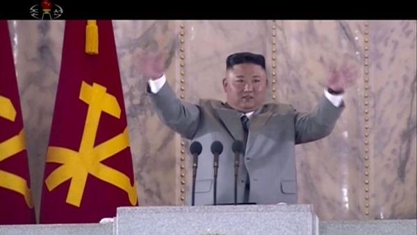 In this image made from video broadcasted by North Korea's KRT on Saturday, Oct. 10, 2020, North Korean leader Kim Jong Un waves during a ceremony to celebrate the 75th anniversary of the country’s ruling party in Pyongyang - Sputnik International