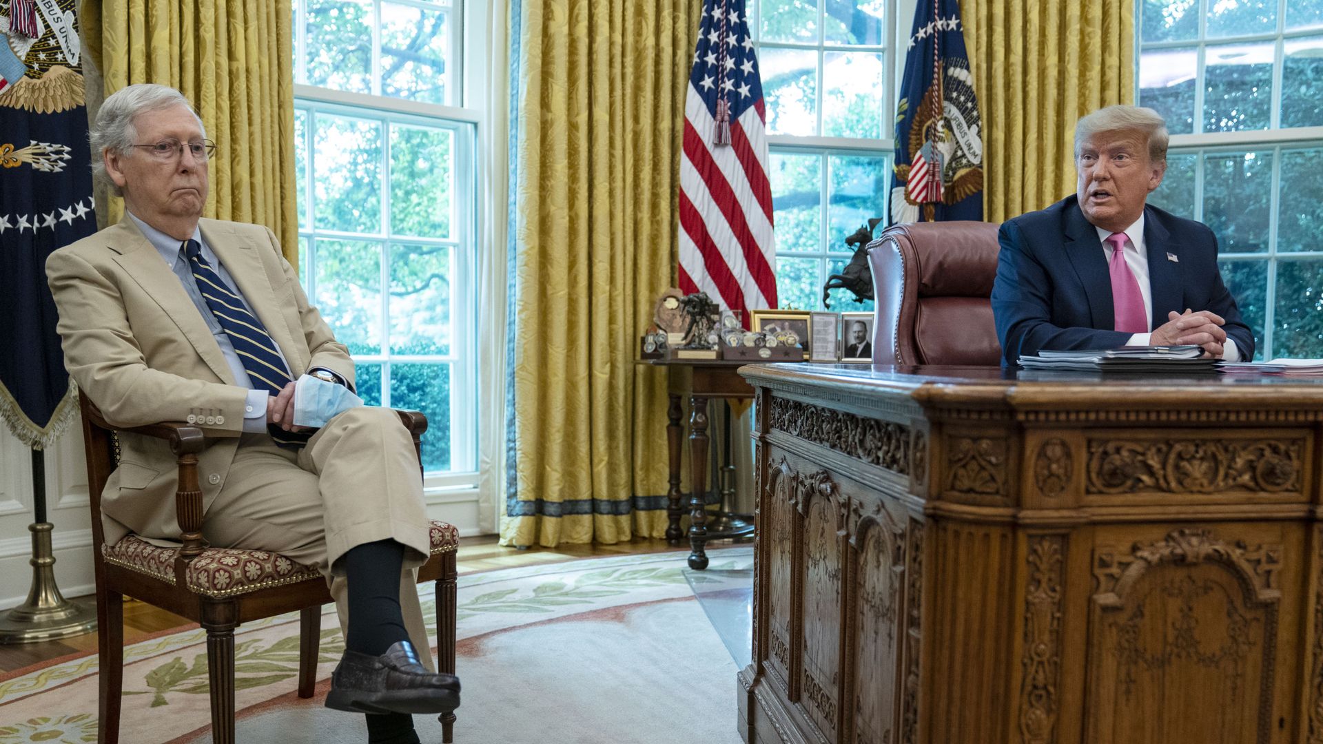 Senate Majority Leader Mitch McConnell of Ky., listens as President Donald Trump speaks during a meeting in the Oval Office of the White House, Monday, July 20, 2020, in Washington. - Sputnik International, 1920, 14.12.2022