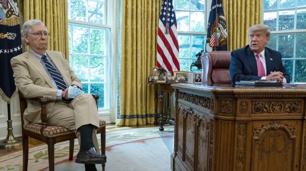 Senate Majority Leader Mitch McConnell of Ky., listens as President Donald Trump speaks during a meeting in the Oval Office of the White House, Monday, July 20, 2020, in Washington. - Sputnik International
