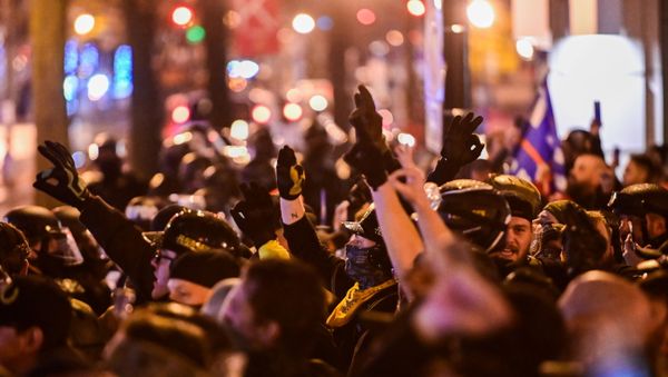 Members of the far-right group Proud Boys make 'OK' hand gestures indicating white power, as they gather near Black Lives Matter Plaza in Washington - Sputnik International
