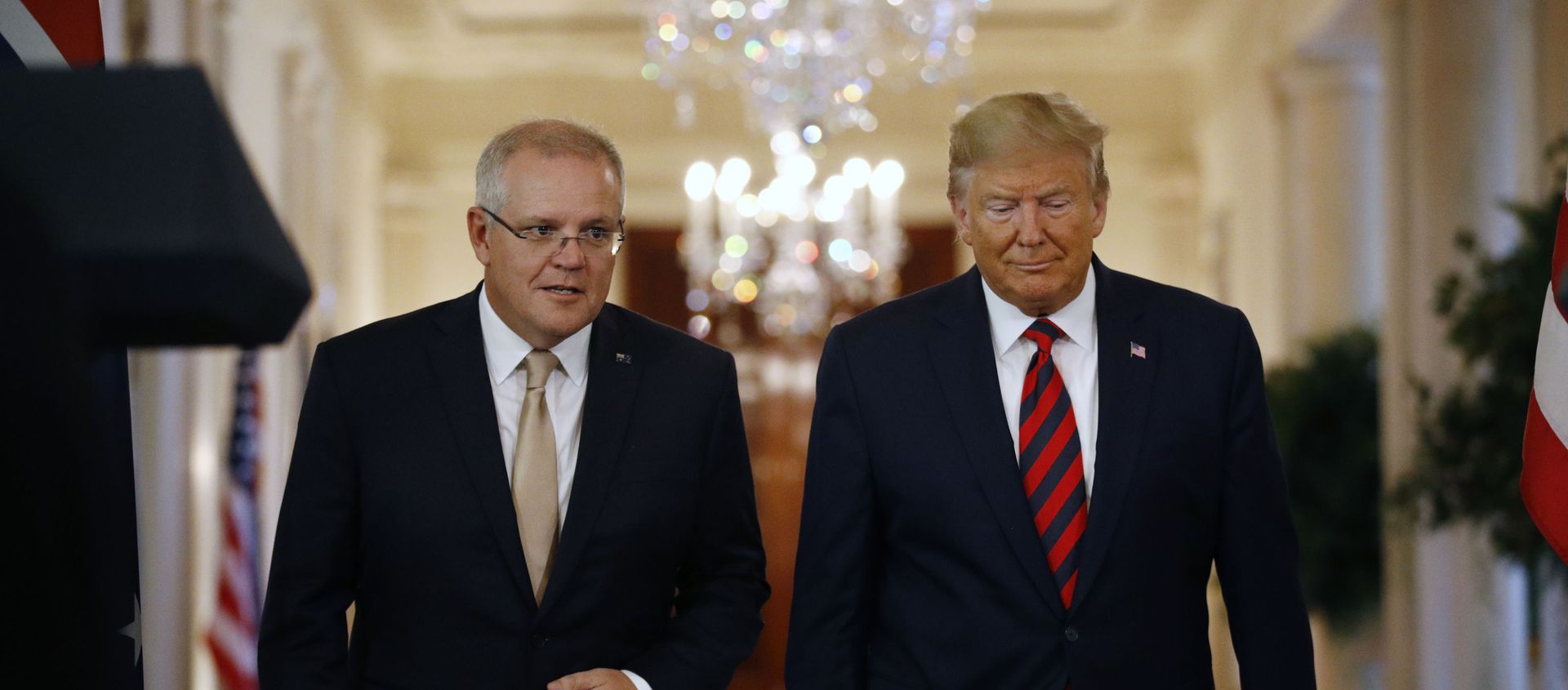 President Donald Trump and Australian Prime Minister Scott Morrison arrive for a news conference in the East Room of the White House, Friday, Sept. 20, 2019, in Washington. President Donald Trump and Australian Prime Minister Scott Morrison arrive for a news conference in the East Room of the White House, Friday, Sept. 20, 2019, in Washington. - Sputnik International, 1920, 07.01.2021