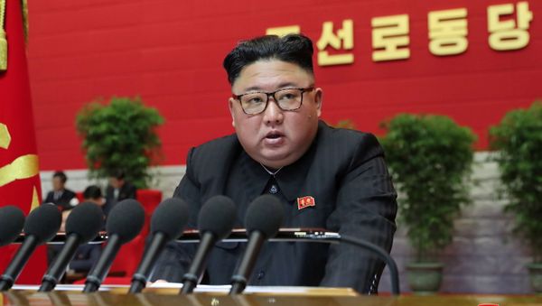 North Korean leader Kim Jong Un speaks during the 8th Congress of the Workers' Party in Pyongyang, North Korea, in this photo supplied by North Korea's Central News Agency (KCNA) on January 8, 2021. - Sputnik International
