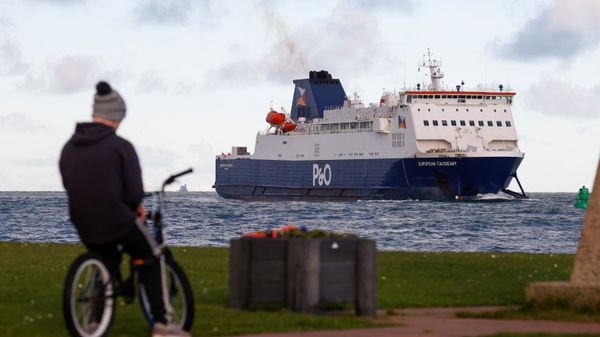 A person on a bike is seen as a ferry arrives at the Port of Larne, Northern Ireland Britain January 1, 2021 A person on a bike is seen as a ferry arrives at the Port of Larne, Northern Ireland Britain January 1, 2021 - Sputnik International