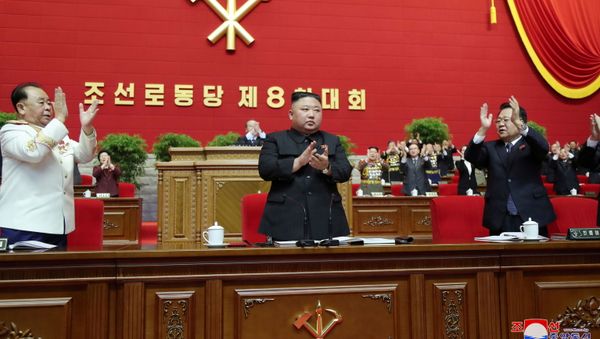 North Korean leader Kim Jong Un applauds at the 8th Congress of the Workers' Party in Pyongyang, North Korea, in this photo supplied by North Korea's Central News Agency (KCNA) on January 11, 2021. North Korean leader Kim Jong Un applauds at the 8th Congress of the Workers' Party in Pyongyang, North Korea, in this photo supplied by North Korea's Central News Agency (KCNA) on January 11, 2021. - Sputnik International
