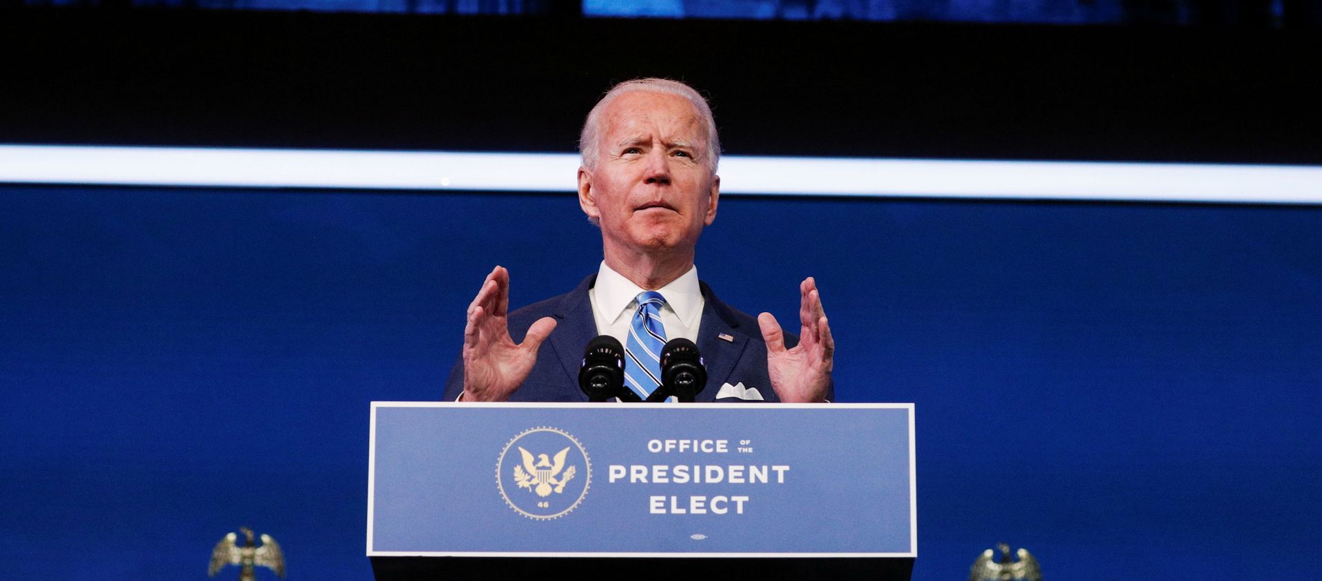 U.S. President-elect Joe Biden delivers remarks during a televised speech on the current economic and health crises at The Queen Theatre in Wilmington, Delaware, U.S., January 14, 2021 U.S. President-elect Joe Biden delivers remarks during a televised speech on the current economic and health crises at The Queen Theatre in Wilmington, Delaware, U.S., January 14, 2021 - Sputnik International, 1920, 15.01.2021