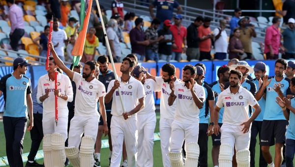 Indian players celebrate at the end of the fourth cricket Test match between Australia and India at The Gabba in Brisbane on January 19, 2021. Indian players celebrate at the end of the fourth cricket Test match between Australia and India at The Gabba in Brisbane on January 19, 2021. - Sputnik International