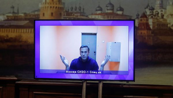 Russian opposition leader Alexei Navalny is seen on a screen via a video link during a court hearing to consider an appeal on his arrest outside Moscow, Russia January 28, 2021 - Sputnik International