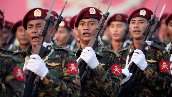 Soldiers take part in a military parade to mark the 74th Armed Forces Day in the capital Naypyitaw, Myanmar March 27, 2019 Soldiers take part in a military parade to mark the 74th Armed Forces Day in the capital Naypyitaw, Myanmar March 27, 2019 - Sputnik International