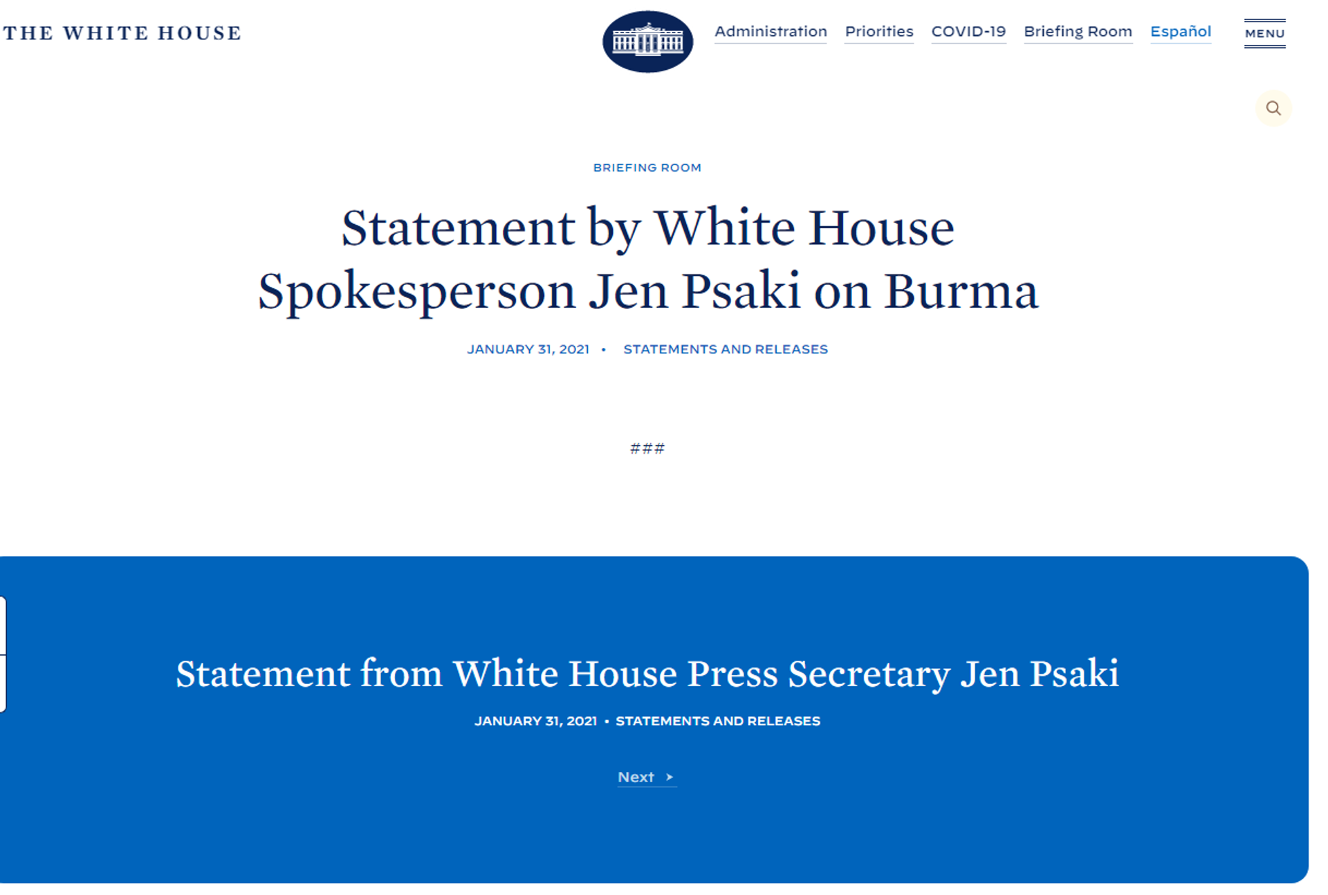 Netizens Chortle as Psaki Double Tweets, Posts Blank Statement on Myanmar Netizens Chortle as Psaki Double Tweets, Posts Blank Statement on Myanmar - Sputnik International, 1920, 01.02.2021