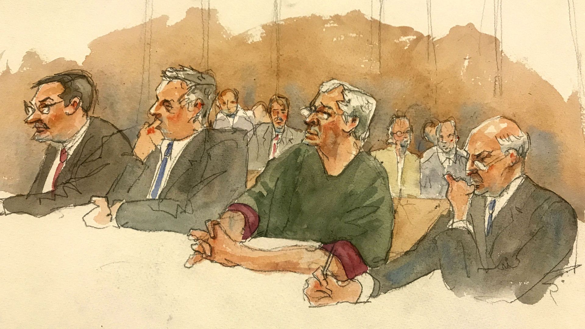 In this courtroom sketch, defendant Jeffrey Epstein, second from right, listens along with defence attorneys, from left, Marc Fernich, Michael Miller, and Martin Weinberg as Judge Richard M. Berman denies him bail during a hearing in the federal court, Thursday, 18 July 2019 in New York. Judge Berman denied bail for the jailed financier on sex-trafficking charges, saying the danger to the community that would result if the jet-setting defendant were free formed the heart of this decision. In this courtroom sketch, defendant Jeffrey Epstein, second from right, listens along with defence attorneys, from left, Marc Fernich, Michael Miller, and Martin Weinberg as Judge Richard M. Berman denies him bail during a hearing in the federal court, Thursday, 18 July 2019 in New York. Judge Berman denied bail for the jailed financier on sex-trafficking charges, saying the danger to the community that would result if the jet-setting defendant were free formed the heart of this decision. - Sputnik International, 1920, 02.02.2021