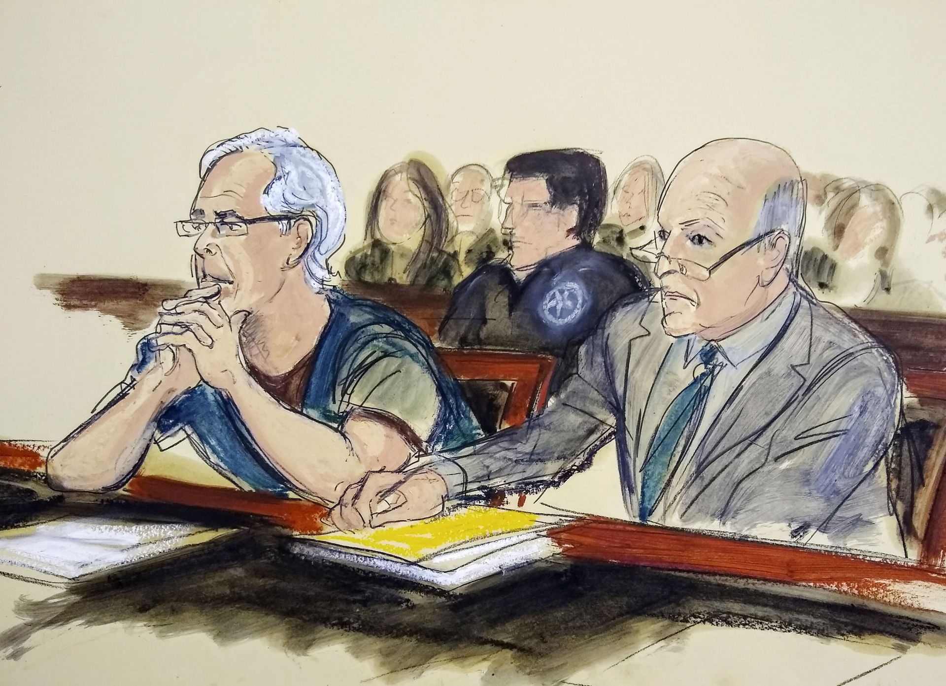 In this July 15, 2019 courtroom artist's sketch, defendant Jeffrey Epstein, left, and his attorney Martin Weinberg listen during a bail hearing in federal court, in New York In this July 15, 2019 courtroom artist's sketch, defendant Jeffrey Epstein, left, and his attorney Martin Weinberg listen during a bail hearing in federal court, in New York - Sputnik International, 1920, 24.11.2021