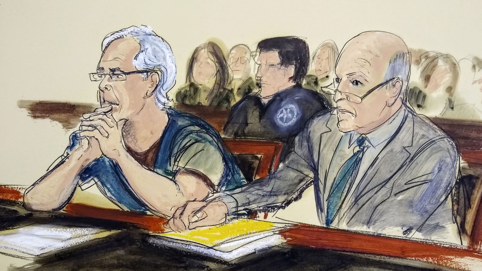 In this July 15, 2019 courtroom artist's sketch, defendant Jeffrey Epstein, left, and his attorney Martin Weinberg listen during a bail hearing in federal court, in New York In this July 15, 2019 courtroom artist's sketch, defendant Jeffrey Epstein, left, and his attorney Martin Weinberg listen during a bail hearing in federal court, in New York - Sputnik International, 1920, 11.05.2021